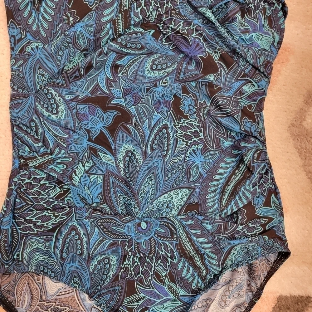 Lands End Womens Blue Paisley Slender Tummy Control One Piece Swim Suit 14 - Picture 3 of 9